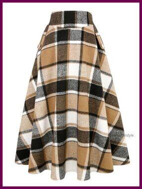 Wool Plaid A-Line Long Maxi Skirt High Waisted Flared Winter